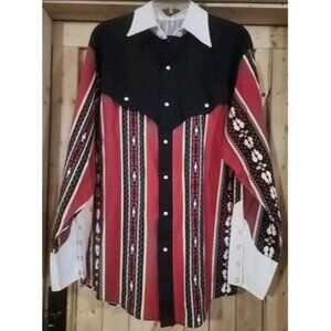 VTG Steer West Western Pearl Snap Down Long Sleeve Shirt Size L Red Black Navajo